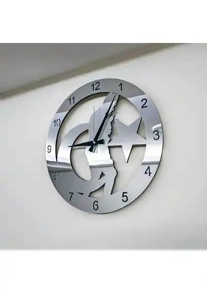 C-Tasarım Dekoratif Gümüş Aynalı Atatürk Portreli Duvar Saati 40cm Modern Tasarım