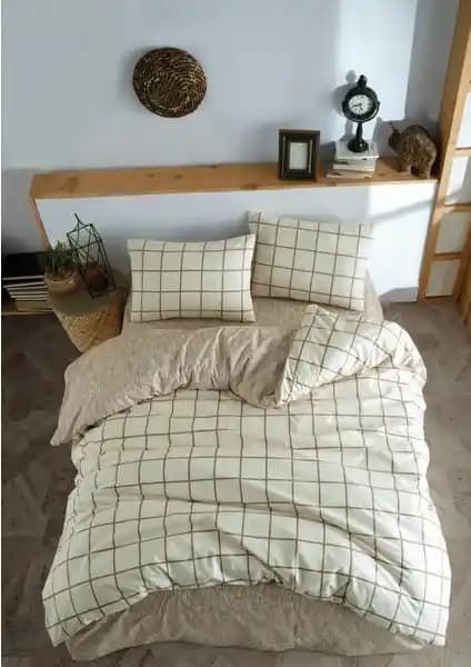 Casa Carina Kare Krem Rengi Ranforce Lastikli Çift Kişilik Nevresim Takımı