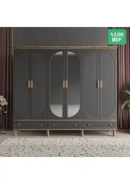 Comiet Soho 6 Kapaklı Aynalı Çekmeceli MDF Gardrop Modern ve Şık Tasarım