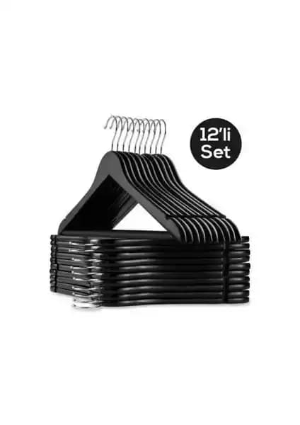 Esti Ahşap Görünümlü Plastik Askılar 12'li Siyah Paket Modern ve Dayanıklı Dolap Düzenleme Çözümü