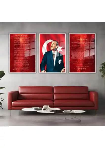 Gaagart 3'lü Metal Çerçeveli Cam Tablo Seti Atatürk ve Milli Değerler Temalı