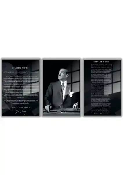 Gaagart Temperli Cam Tablo Seti Siyah Beyaz Atatürk ve Millî Marş Temalı Dekorasyon