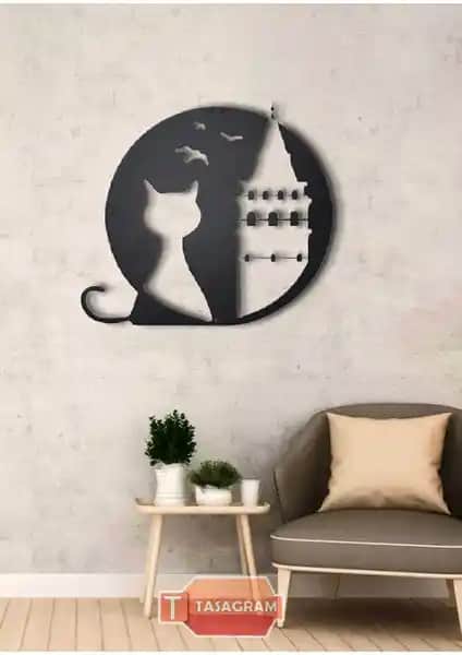 Galata Kulesi ve Kedi Figürlü Metal Tablo ile Mekanlarınıza Estetik Katın