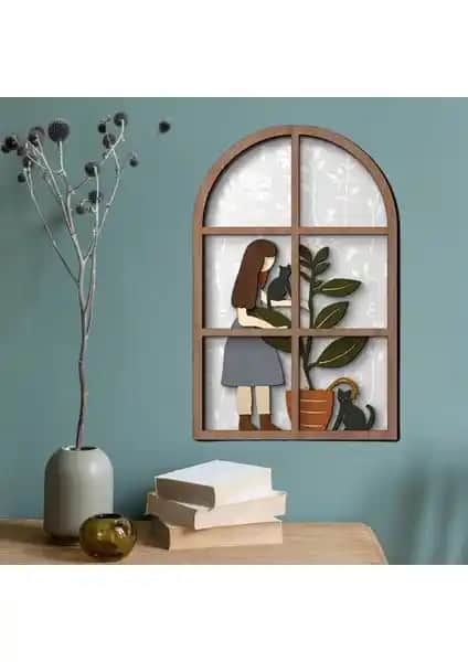 Günay Craft Tasarımı Kedi ve Kız Figürlü El Yapımı Ahşap Duvar Tablosu