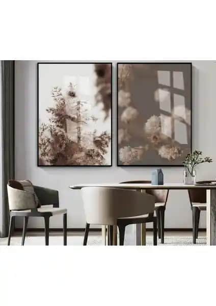 Harikabirev Kahve-Krem Bitki Kombini Cam Tablo Modern ve Şık Dekorasyon Seçeneği