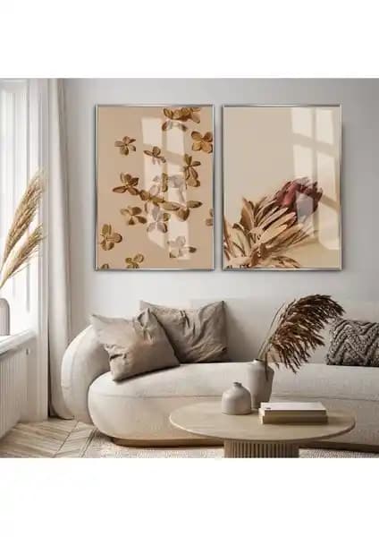 Harikabirev Krem Kuru Protea Çiçek Kombini Modern ve Dayanıklı Dekoratif Tablo Seti