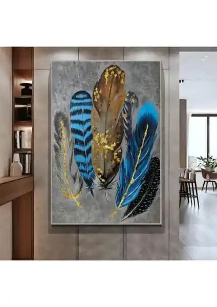 Harikabirev Mavi Gri Gold Tüy Modeli Kanvas Tablo Modern Dekorasyon İçin