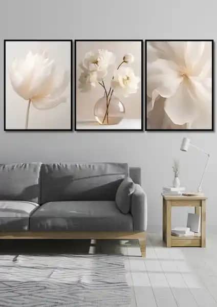 Nt Handmade Siyah Çerçeveli Beyaz Çiçekler Duvar Dekoru Seti Modern ve Doğal Tasarım
