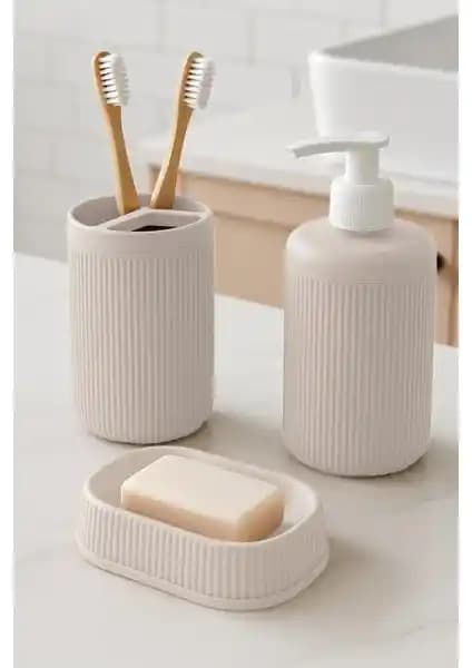 NY Home 3'lü Banyo Seti Krem: Modern ve Dayanıklı Banyo Aksesuarları
