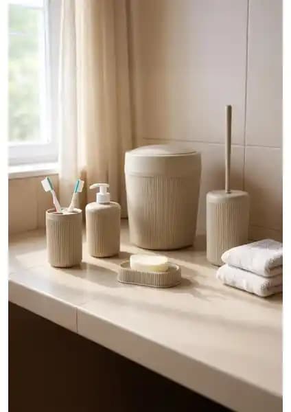 NY Home 5 Parça Bej Banyo Seti Modern Tasarım ve Dayanıklılık Sunar