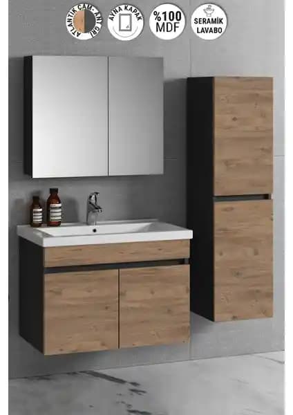 Özceden Çiğdem Banyo Dolabı Takımı 80+35 cm Antrasit Gri Mat Atlantik Çam Kapaklı