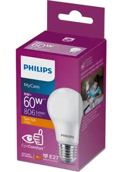 Philips LED 8-60W Ampul 2700K Sarı Işık Ev ve Ofis Aydınlatması İçin Güvenilir Çözüm