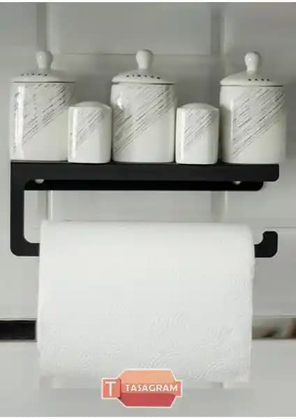 Tasagram Dekoratif Mat Siyah Metal Baharatlık ve Havluluk Rafı Modern Tasarım