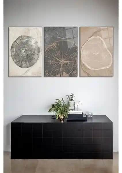Vosevu Ağaç Gövdesi Çizgileri 3'lü Cam Tablo Seti Modern ve Dayanıklı Dekorasyon Parçası