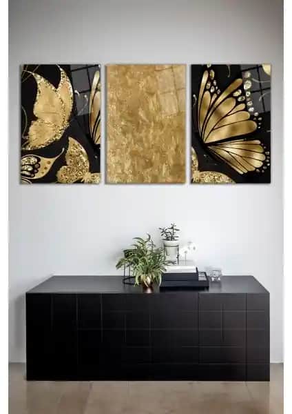 Vosevu Gold Detaylı Kelebekler 3'lü Cam Tablo Seti Modern ve Şık Duvar Dekoru