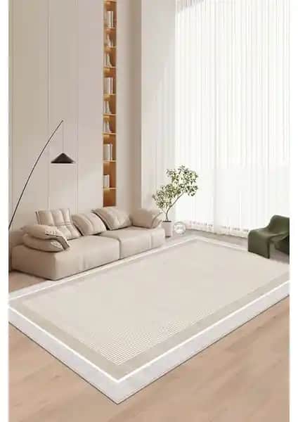 West Home Makinede Yıkanabilir Kaymaz Tabanlı Bej Çizgili Salon ve Mutfak Halısı