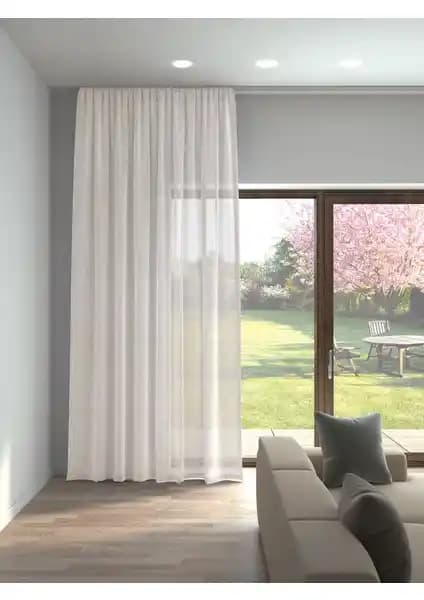 Perle Ekru Renk Keten Görünümlü Düz Tül Perde ve Taç Tül Titi Sık Pile 1 E 3 Karşılaştırması