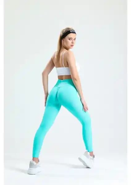 Gymhams Mint Yeşil Kalçası Büzgülü ve Push Up Özellikli Seamless Yüksek Bel Tayt