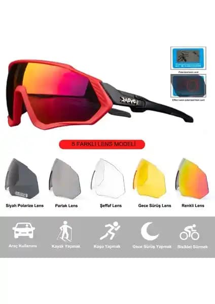 Kapvoe Çok Yönlü Değişebilir 5 Lens MTB Polarize Spor Gözlüğü Dağ ve Kayak İçin