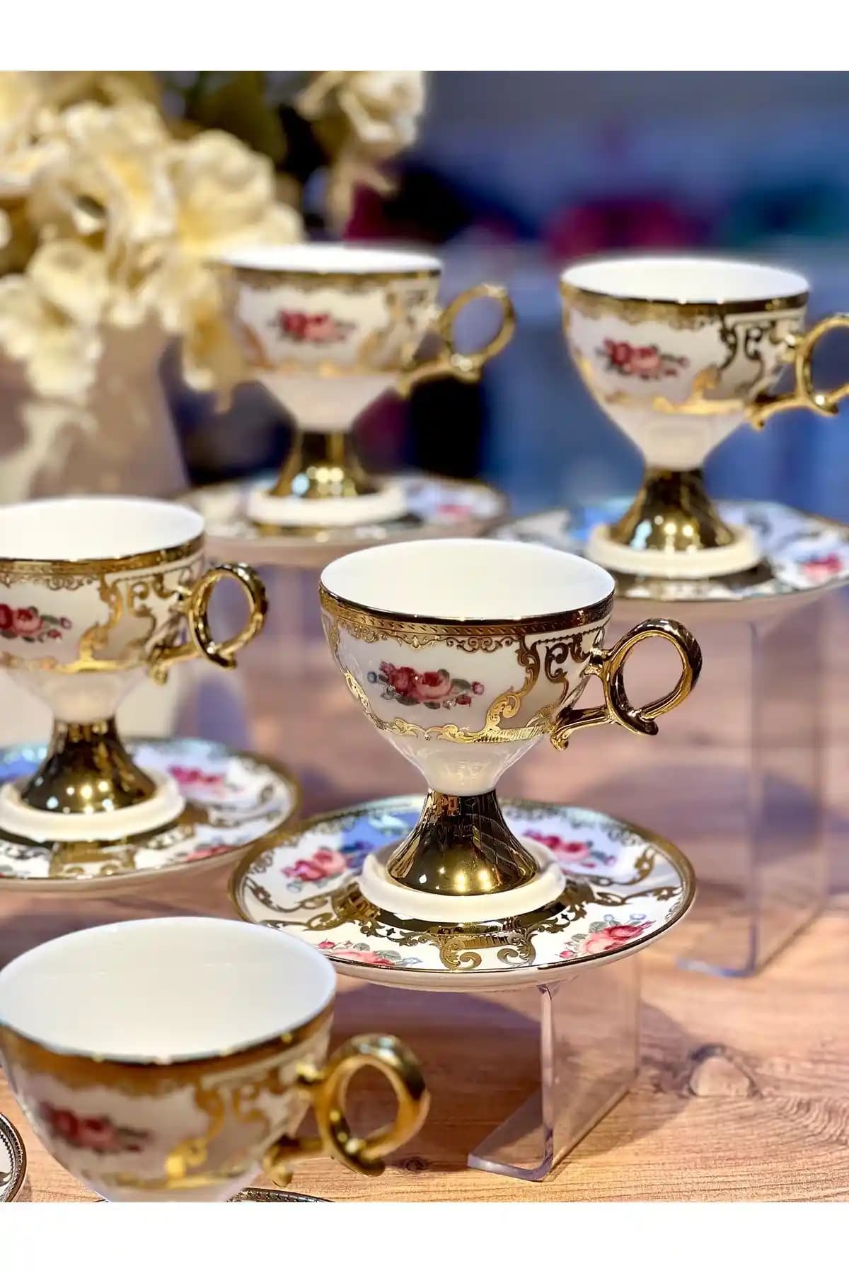ACAR 6'lı Galina Çiçekli Vintage Gold Ayaklı Türk Kahve Fincan Takımı