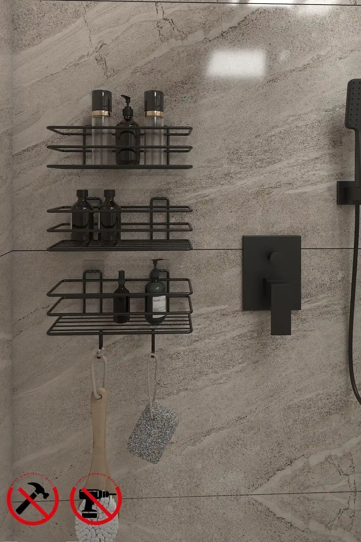 Alper Banyo 3 Katlı Yapışkanlı Metal Raf Seti Modern ve Dayanıklı Tasarım