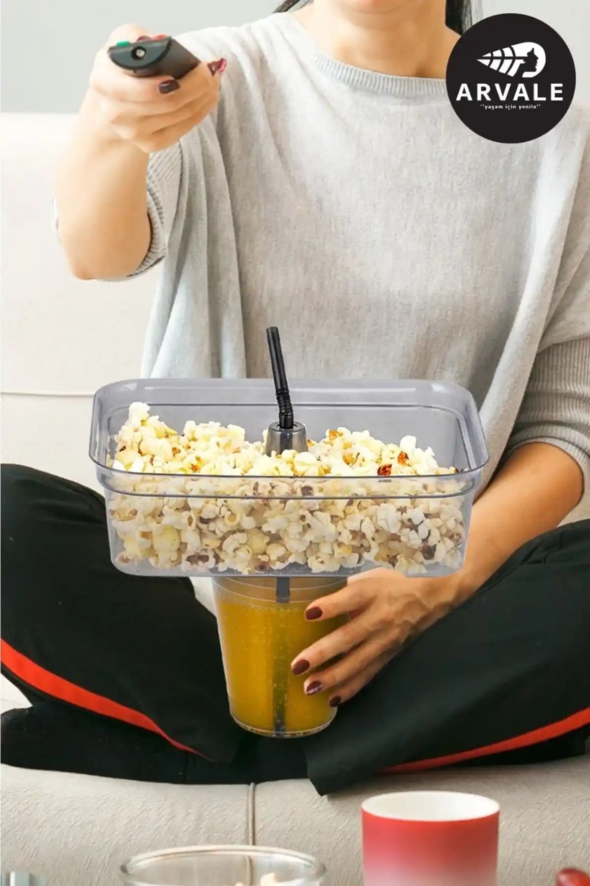 ARVALE Köşeli Dikdörtgen Pipetli Bardaklı Mısır Cips Kovası ve Bardak Seti