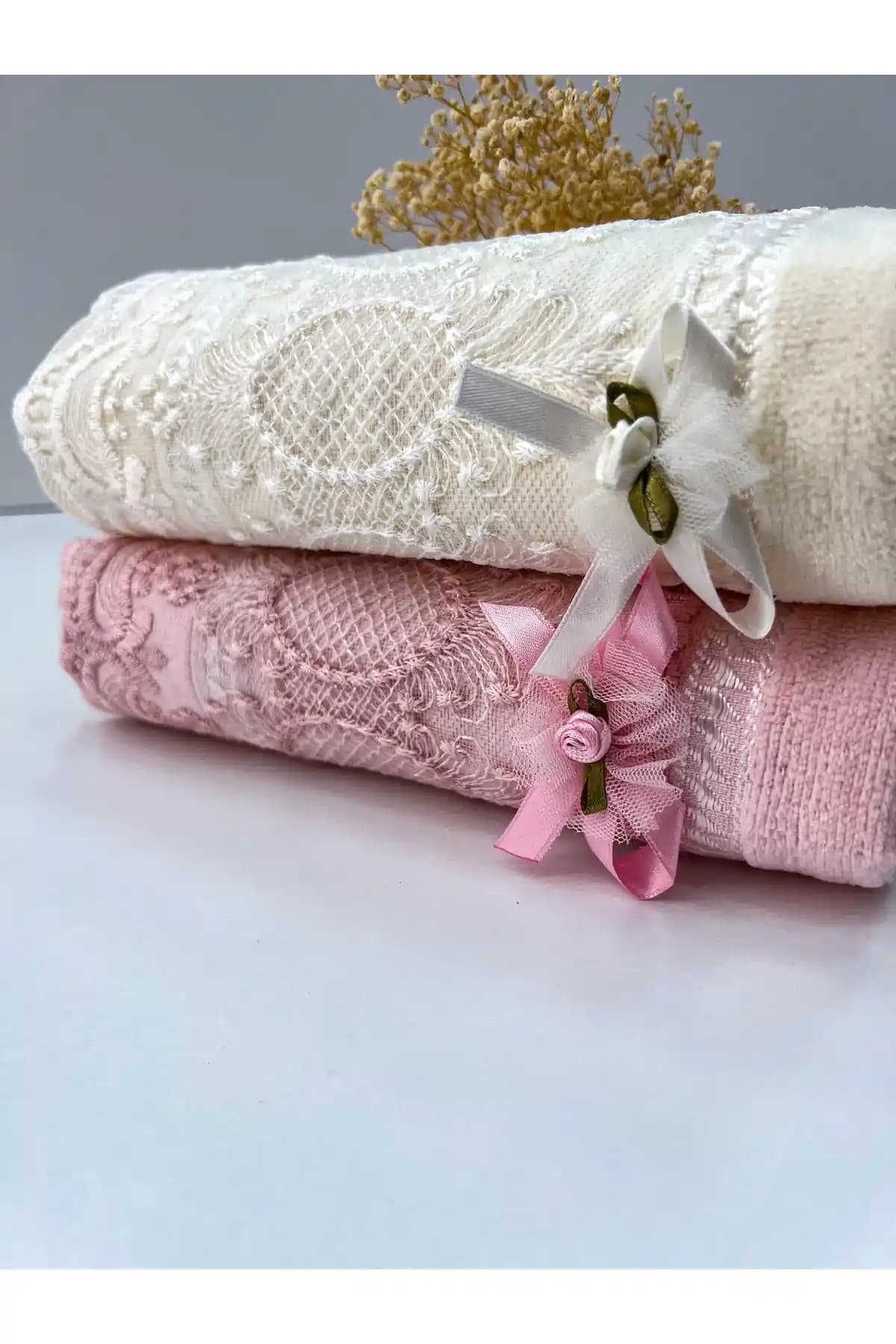 AYHANHOME 50x90 Çeyizlik Pamuklu Dantelli Güpürlü Fiyonklu Havlu Seti