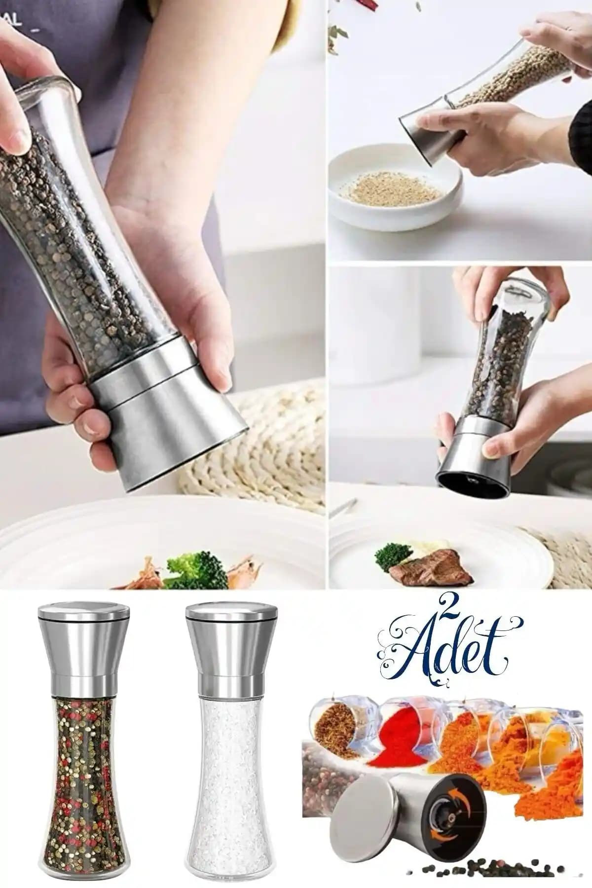 Bestofhome 2'li Paslanmaz Çelik Kapaklı Baharat Öğütücü Seti Modern ve Şık Tasarım