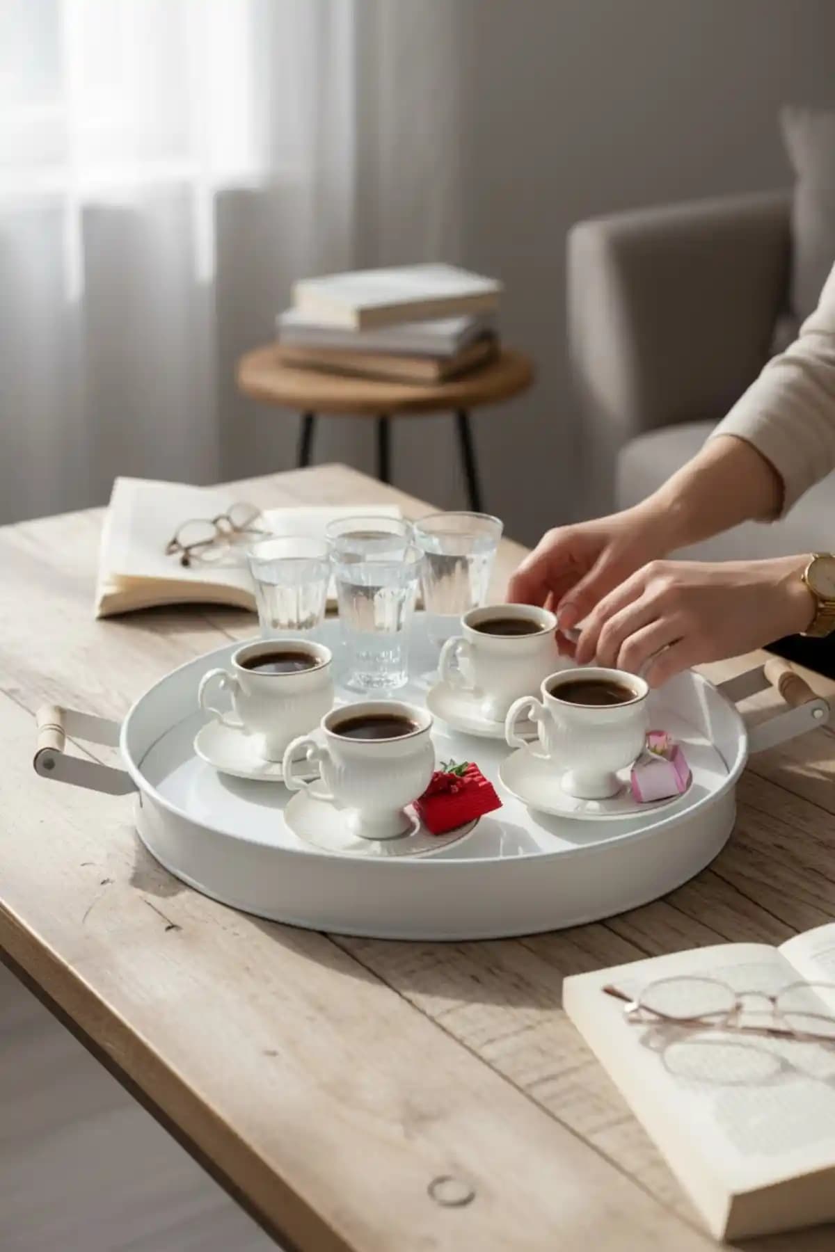 Bestofhome Beyaz Galvaniz Ahşap Kulplu Yuvarlak Tepsi - Şık ve Dayanıklı Servis ve Dekorasyon Ürünü