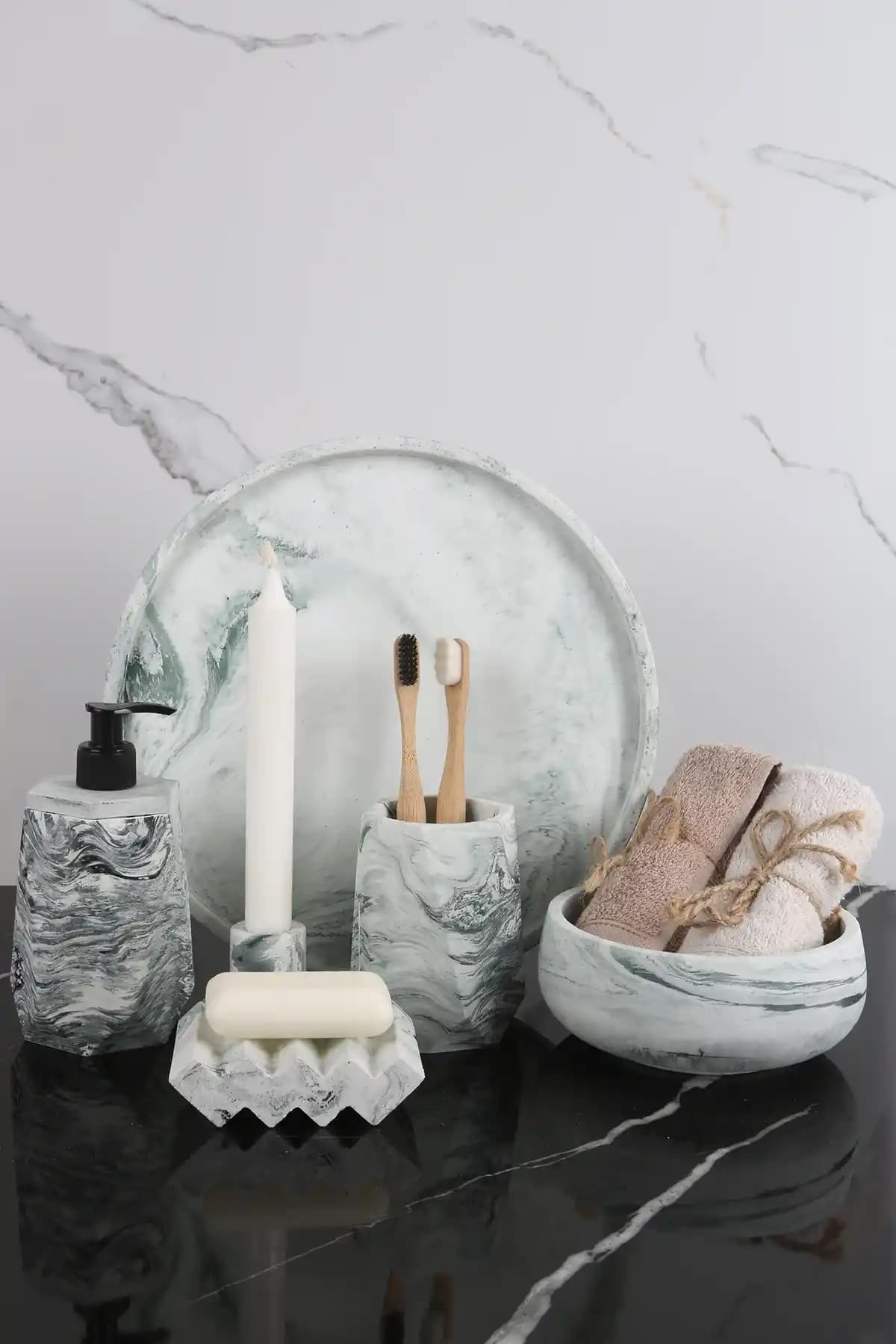 Betonmall 6 Parça Mermer Desenli Beton Banyo Seti Modern ve Dayanıklı Tasarım