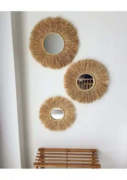BH Bohem Handmade 3'lü Rafya Ayna Seti Doğal ve Şık Dekorasyon İçin Uygun Bir Seçenek