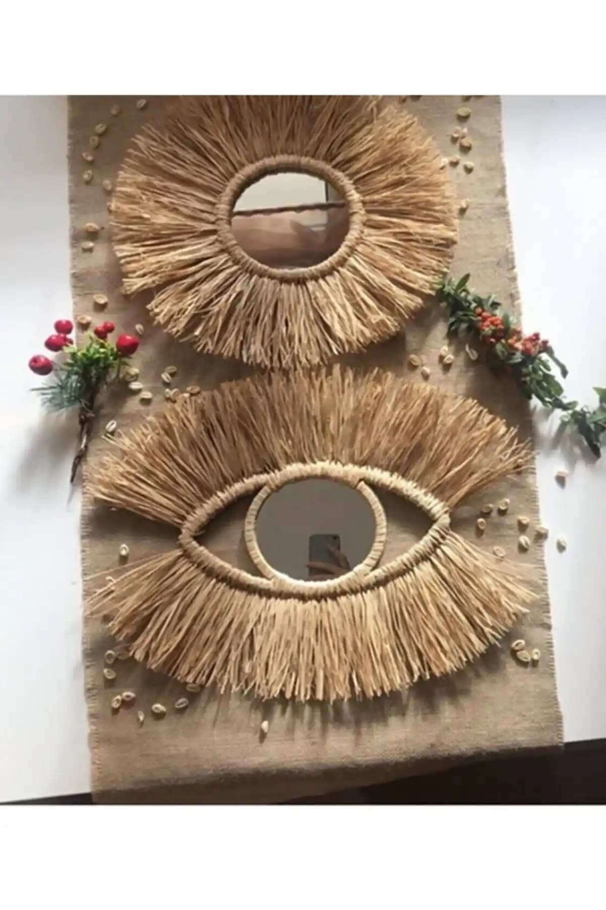 Bohem Tarzını Yansıtan El Yapımı Göz Rafya ve Yuvarlak Ayna Seti: Estetik ve İşlevselliğin Buluşması