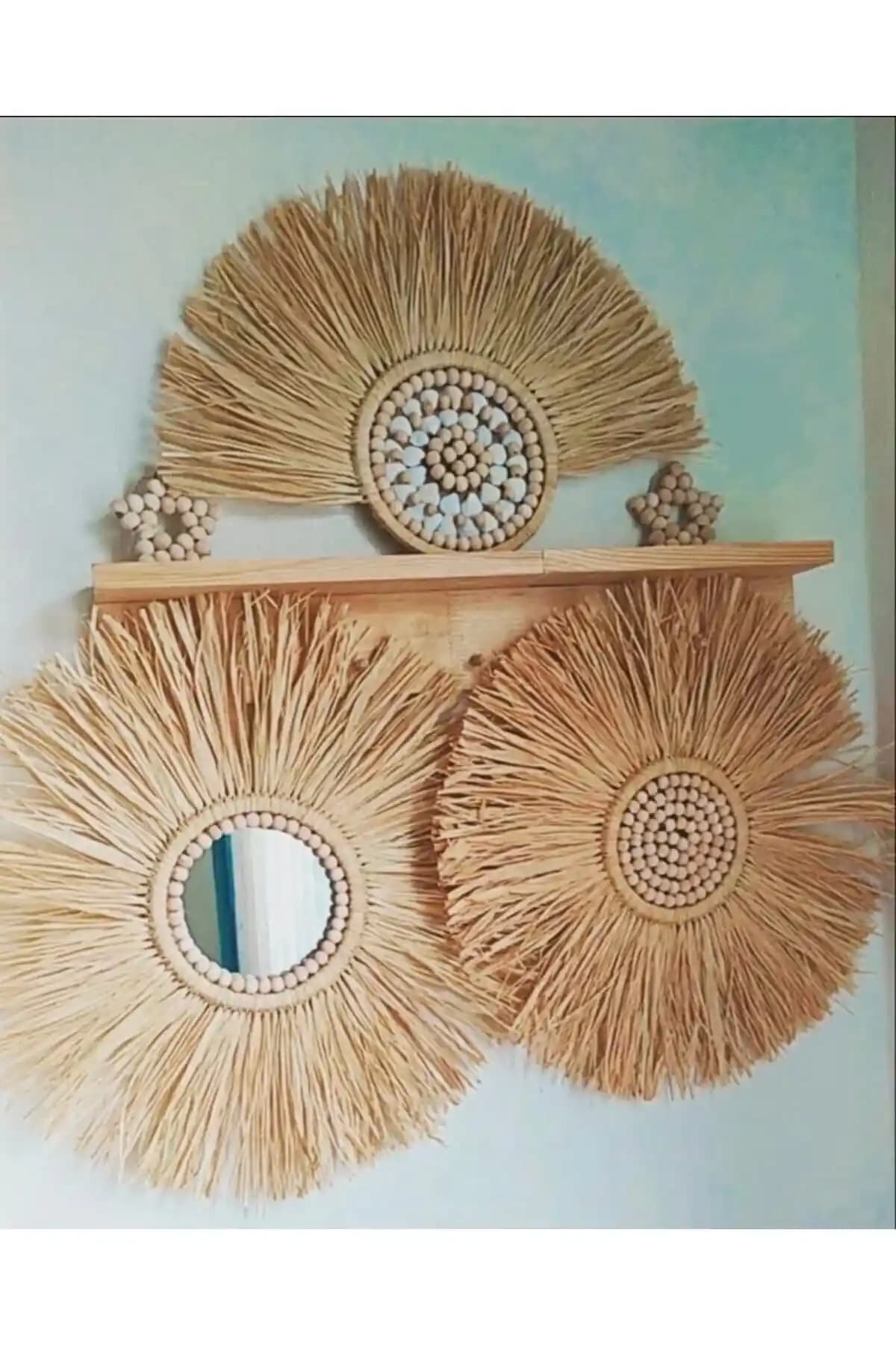 Bohem Tarzını Yansıtan El Yapımı Rafya Yelpaze Ayna Seti ile Dekorasyonunuza Doğal Şıklık Katın