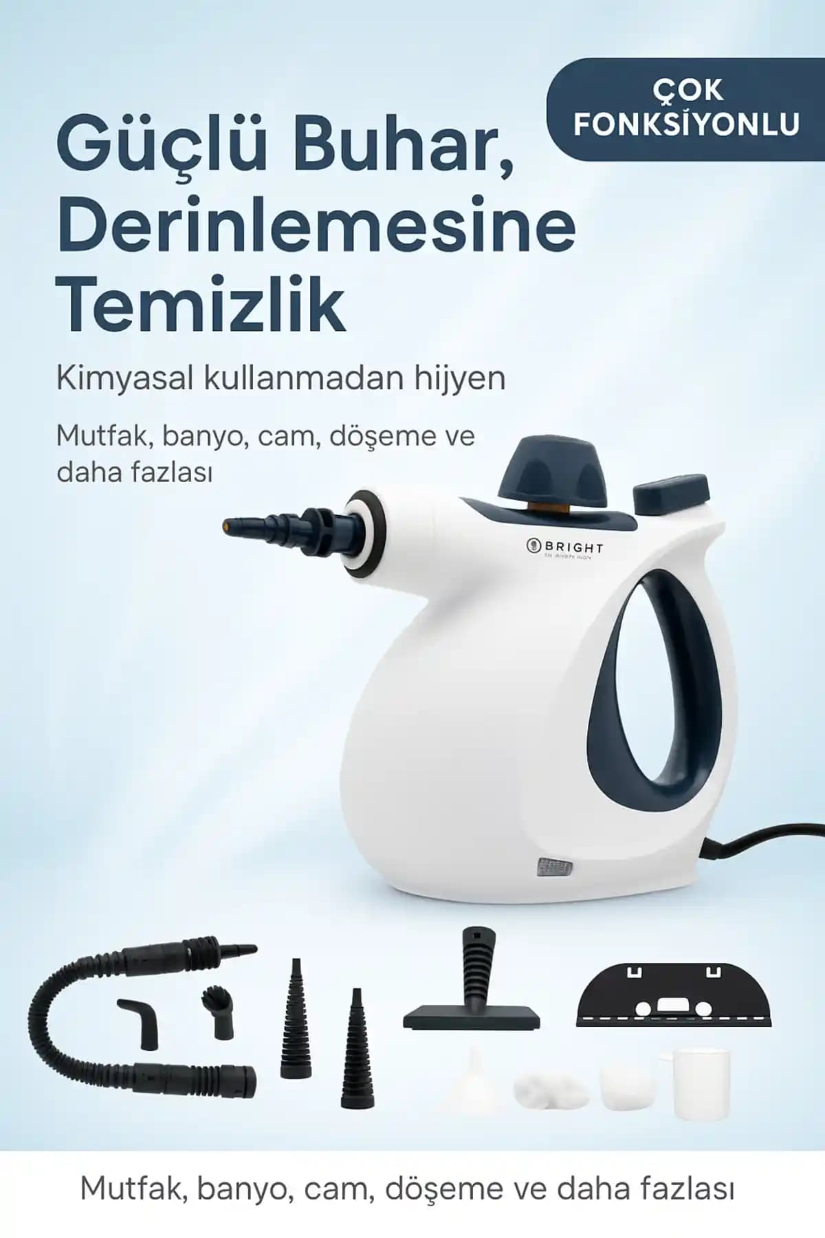 Bright Elegance BE-3410 Çok Fonksiyonlu Buharlı Temizlik Makinesi ile Derinlemesine ve Hijyenik Temizlik