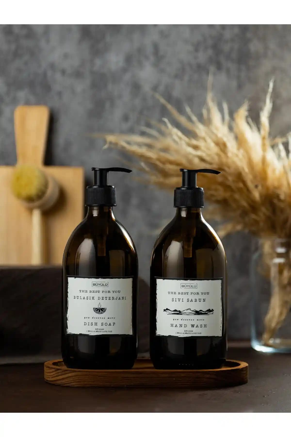 BÜYÜLÜ HOME 2'li Amber Cam ve Ahşap Stantlı Sıvı Sabunluk Seti