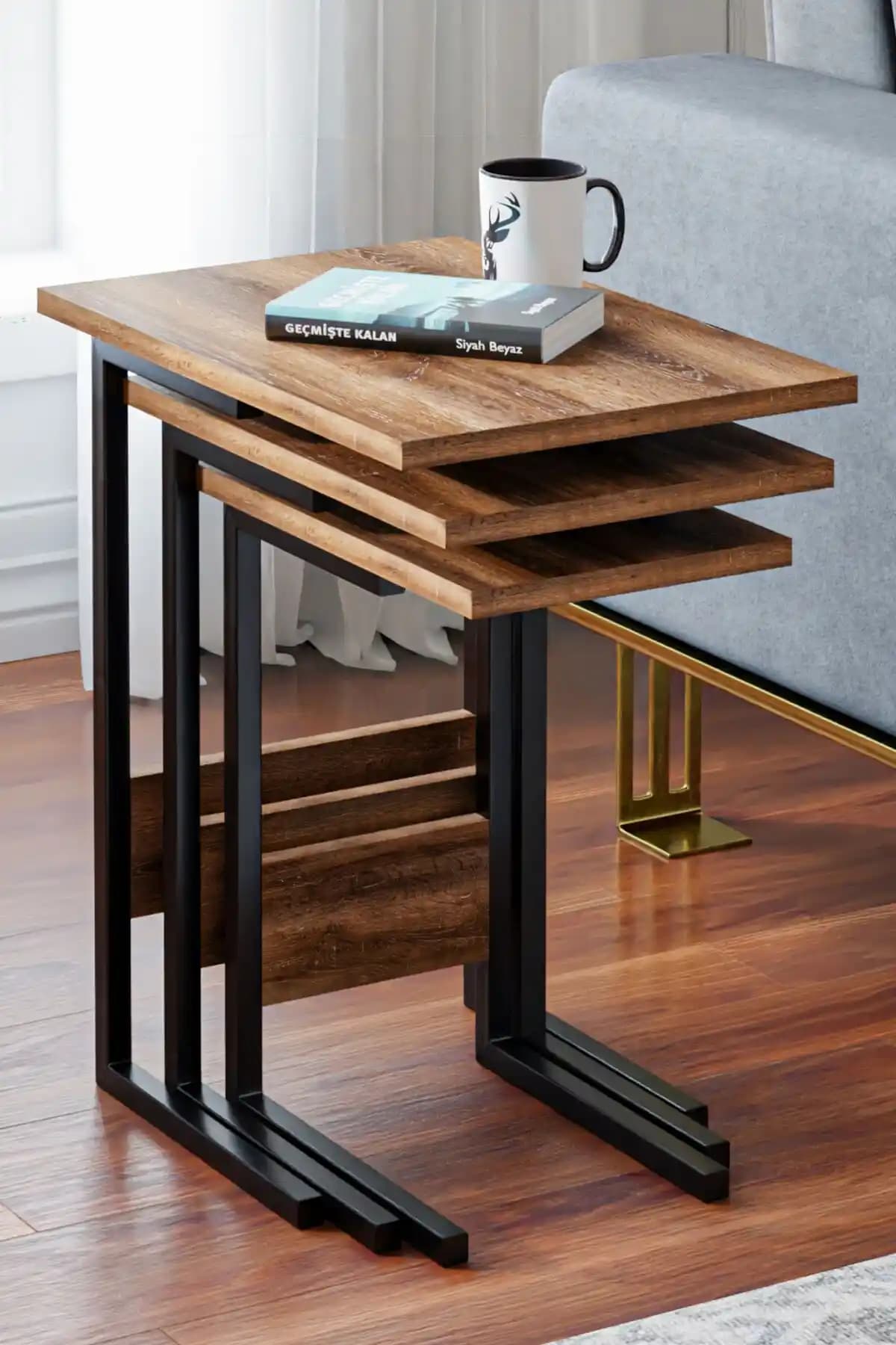 Ceramical Zg3 Metal Ayaklı 3'lü Zigon Sehpa Ceviz Rengi Modern ve Şık Tasarım