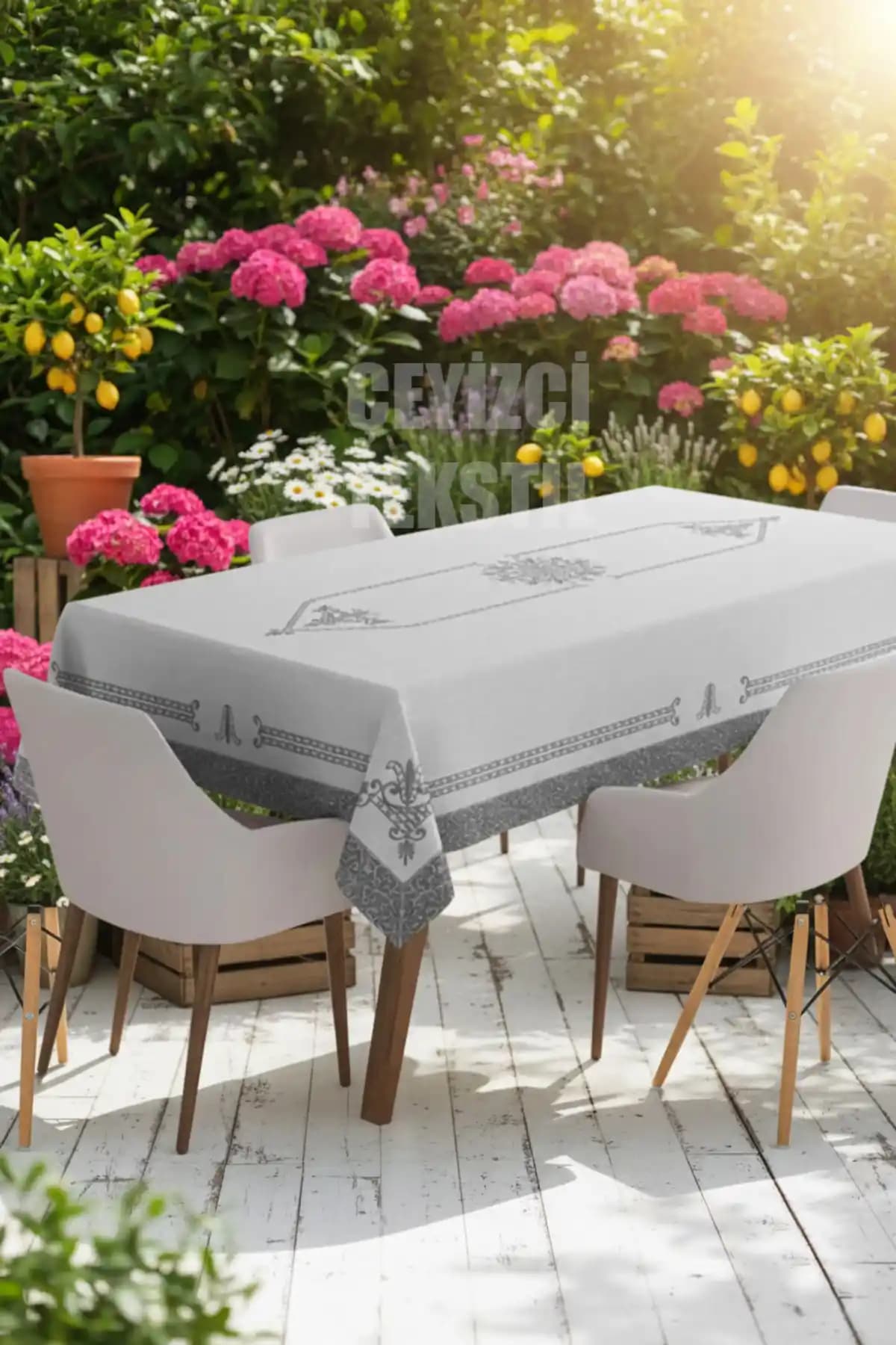 Çeyizci Tekstil Dijital Baskılı Gri Masa Örtüsü Modern ve Dayanıklı Tasarım