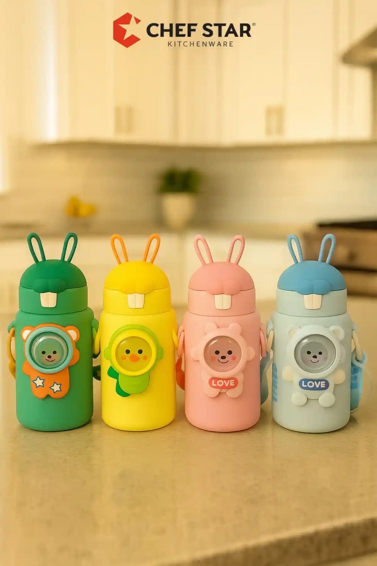 Chefstar Sevimli Tavşan Pipetli Paslanmaz Çelik Çocuk Termos Suluk 500 Ml Güvenli ve Dayanıklı Tasarım