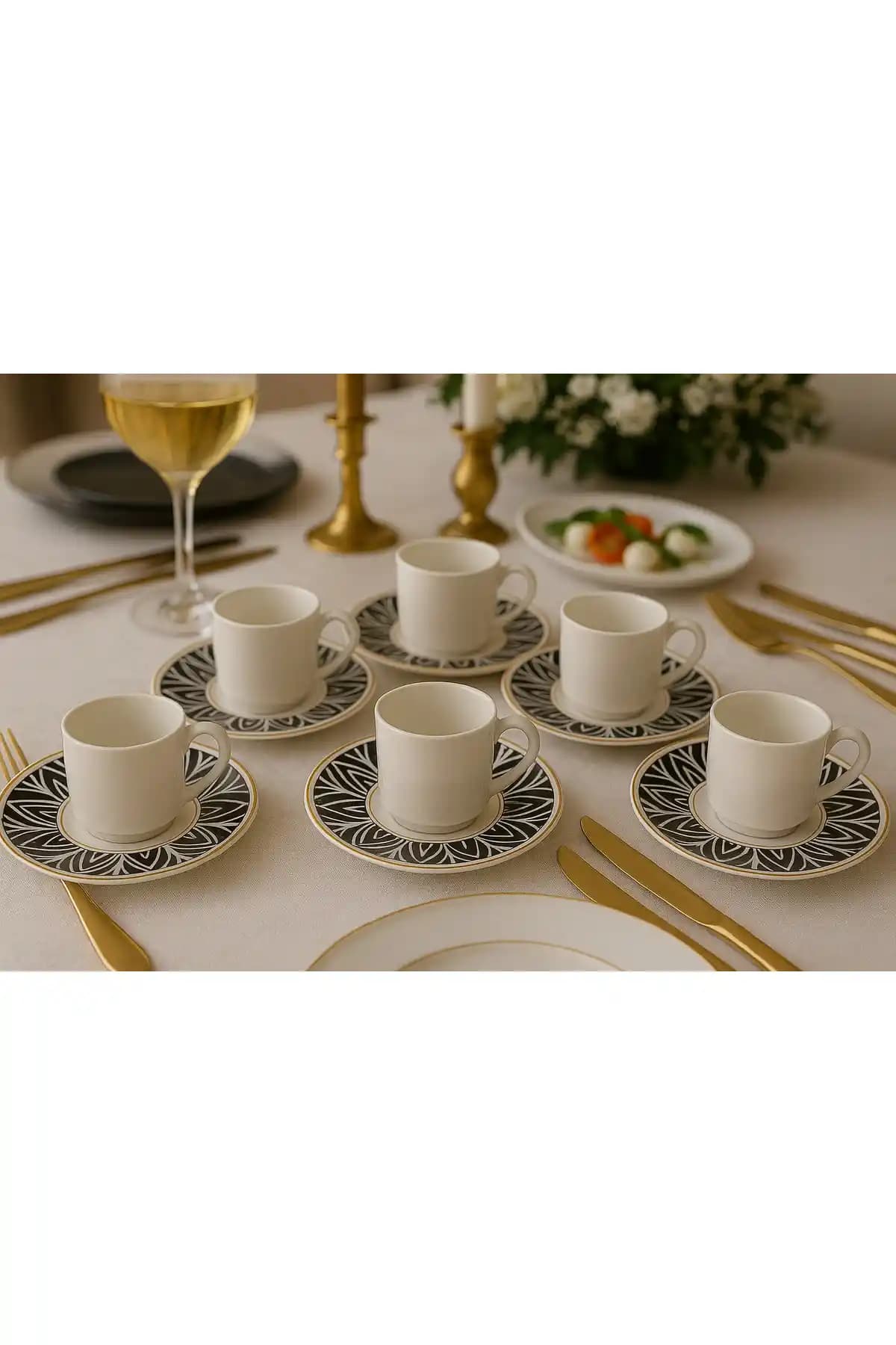 Davet 6 Kişilik Desenli Porselen Türk Kahvesi Fincan Takımı Sevgililer Günü Temasıyla