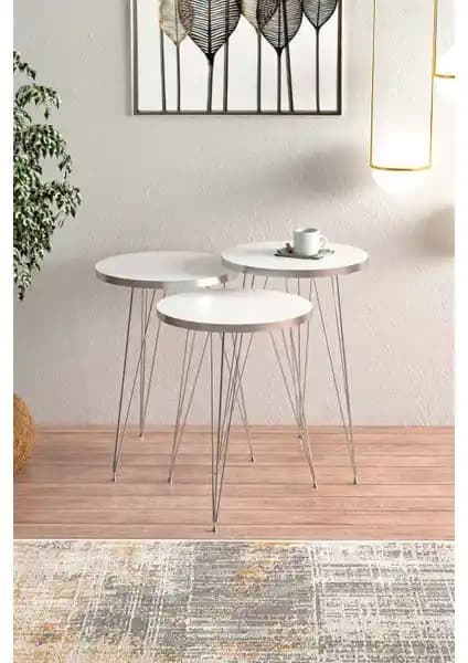 Ege Modüler Beyaz Gümüş Metal Ayaklı Zigon Sehpa Seti Modern ve Şık Tasarım