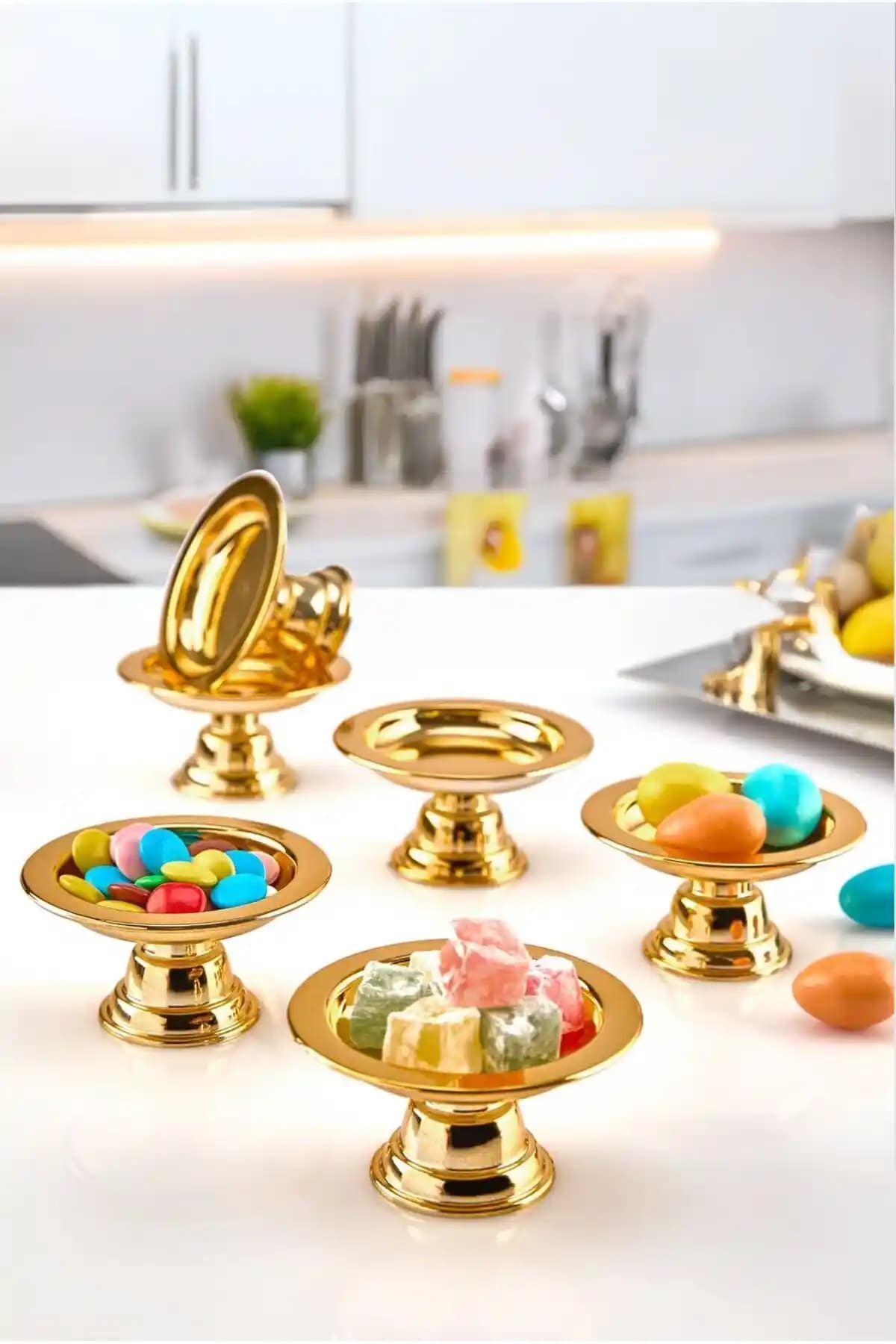 Elzem Akrilik Gold Kaplama Dekoratif Seti 6'lı Makaronluk ve Lokumluk Şık Sunumlar