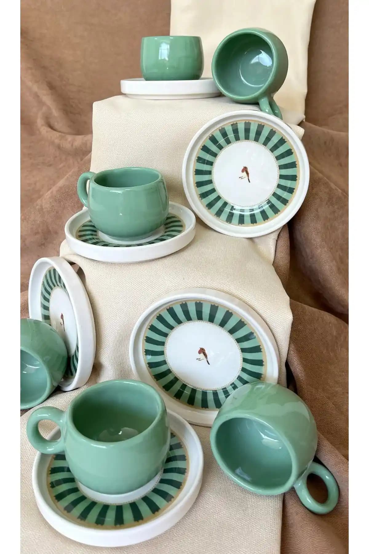 Erbaşlar Love Bird Yeşil Seri 12 Parça Seramik Kahve Fincan Takımı