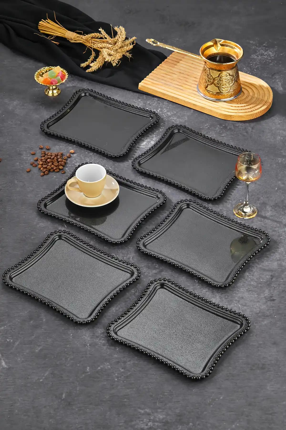 FBZhome Dekoratif Kahve Sunum Tepsisi Seti 6 Adet Siyah Akıllı ve Şık Tasarım