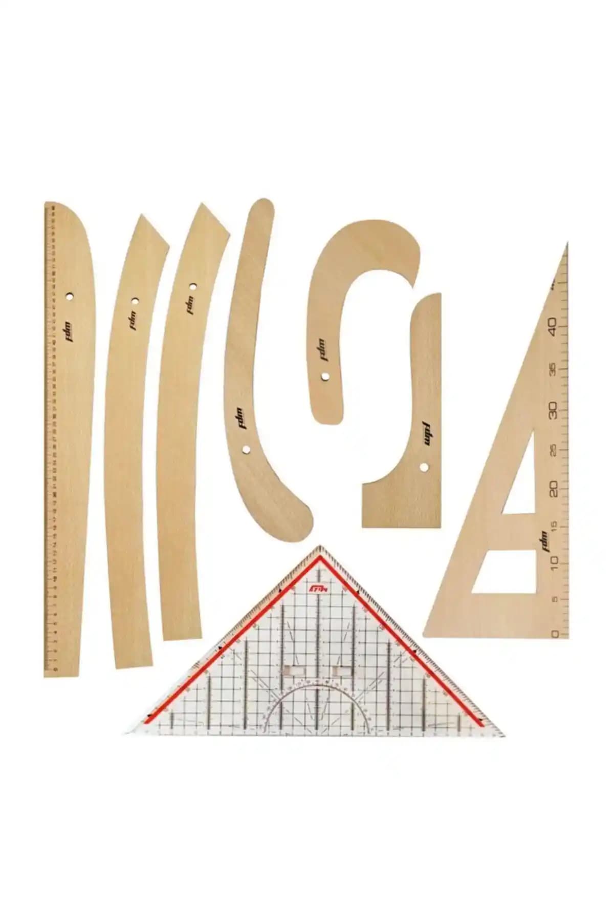 FDM 8 Parça Ahşap Cetvel Seti Profesyonel ve Pratik Çizim Araçları