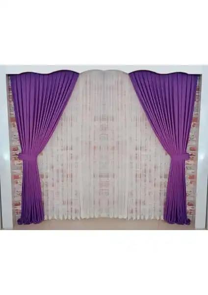 Figen Perde Lila Renk Kadife Fon Çift Kanat Perde 1/3 Sık Pileli Modern Tasarım
