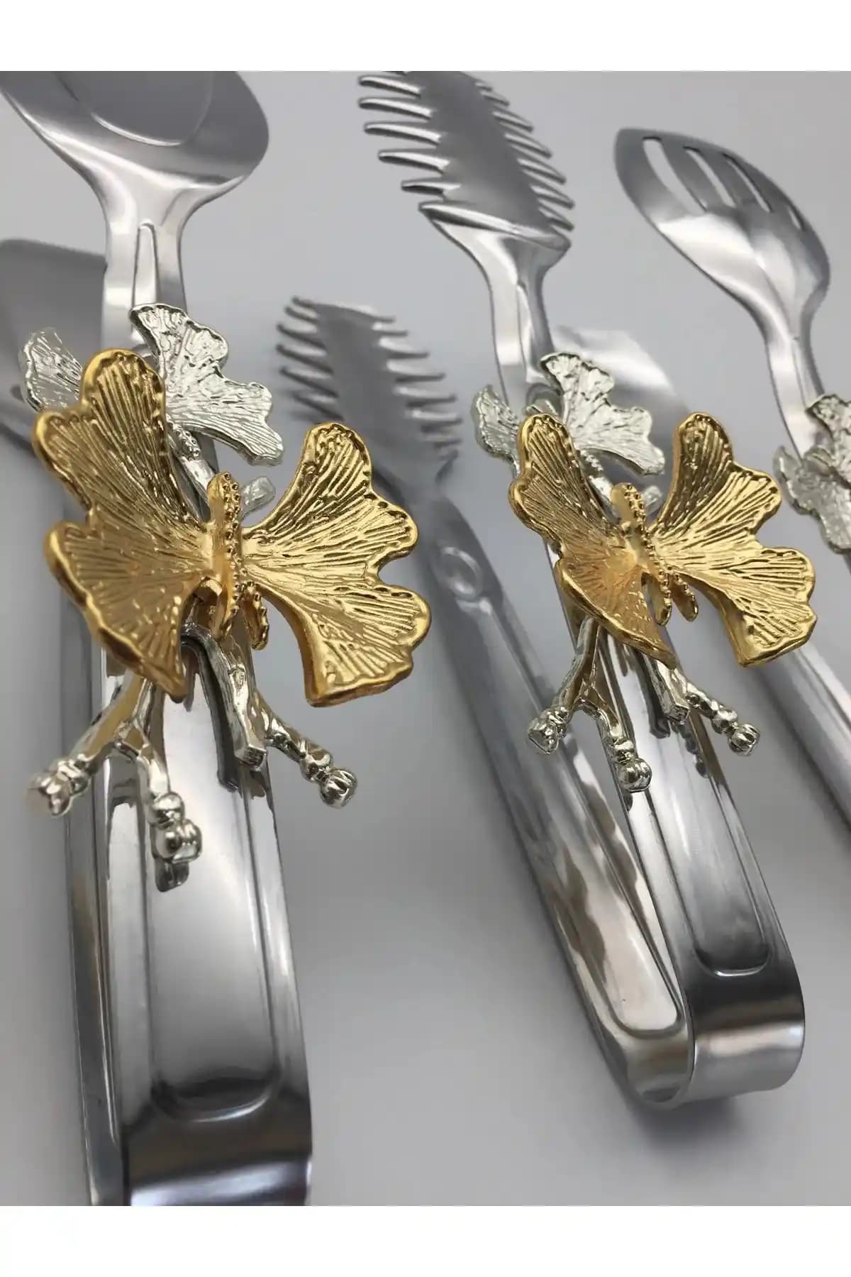 Fiyakalı Gü-müş Renkli Kelebek Aksesuarlı Paslanmaz Çelik Salata ve Pasta Servis Seti