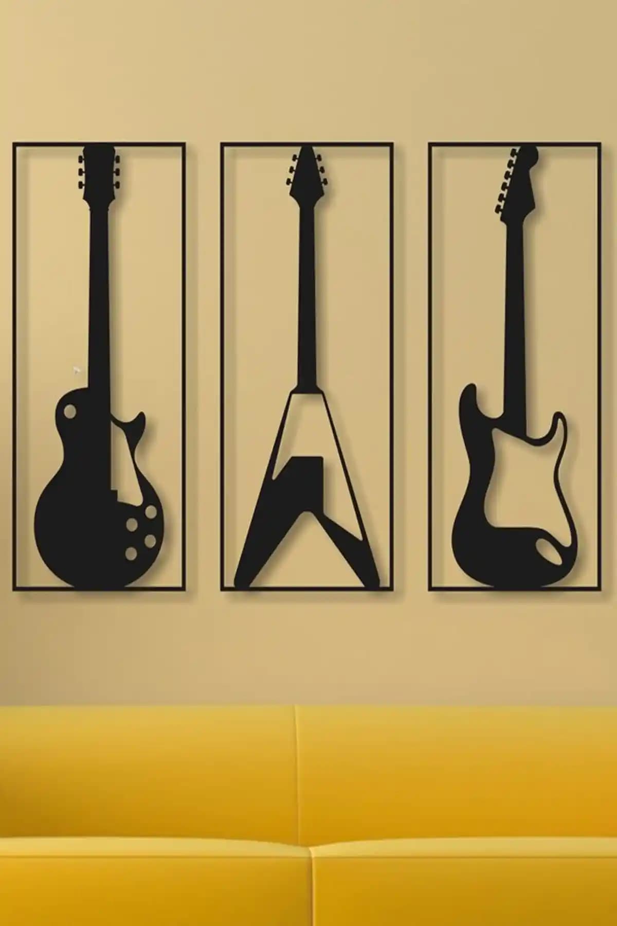 Genel Markalar 3'lü Elektro ve Akustik Gitar Ahşap Duvar Dekor Tablosu