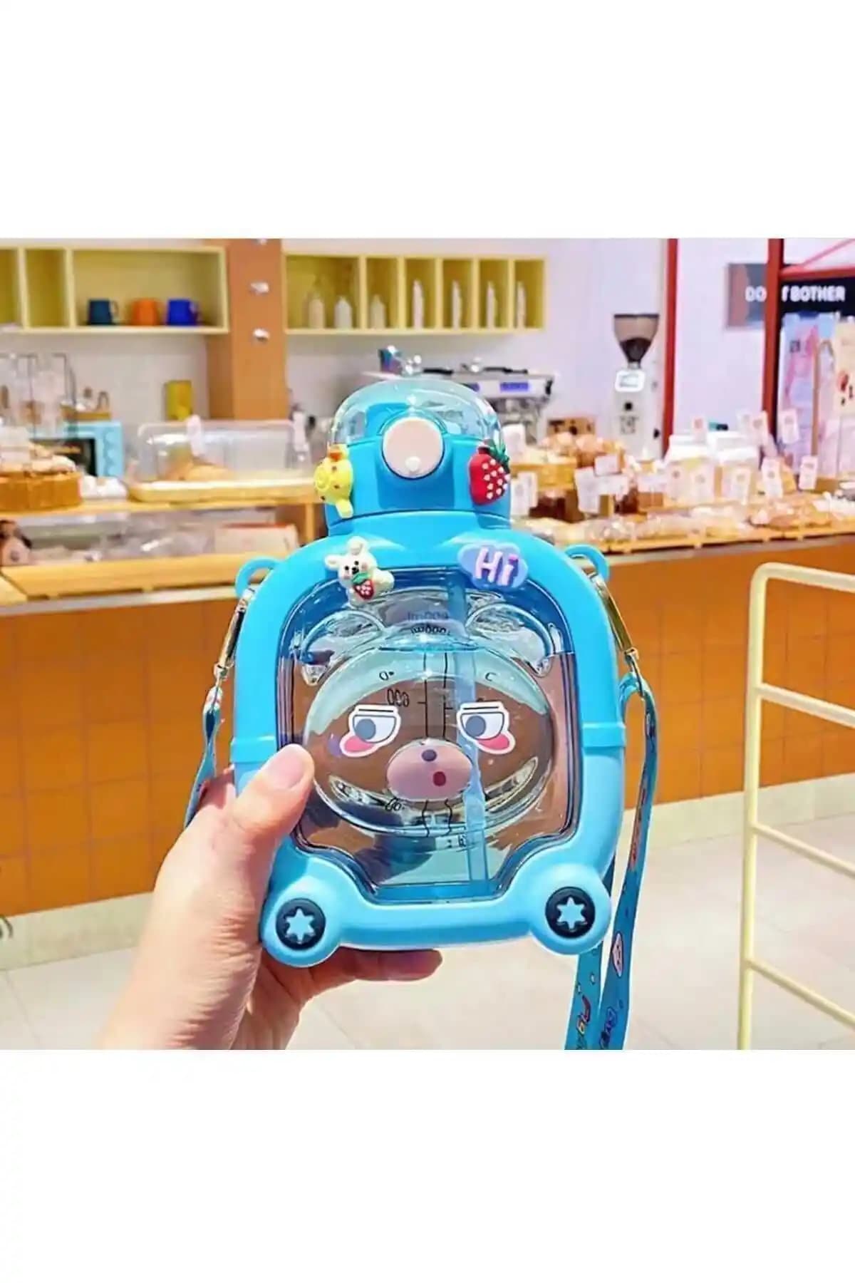 Genel Markalar Mavi Motivasyonel Ayıcık Su Matarası Çocuklar İçin Sağlıklı ve Eğlenceli Tasarım