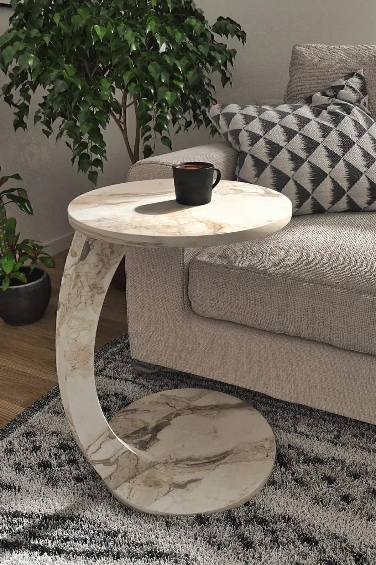 interGO Beyaz Mermer Desenli Tekerlekli Yan Sehpa Modern ve Çok Yönlü Tasarım