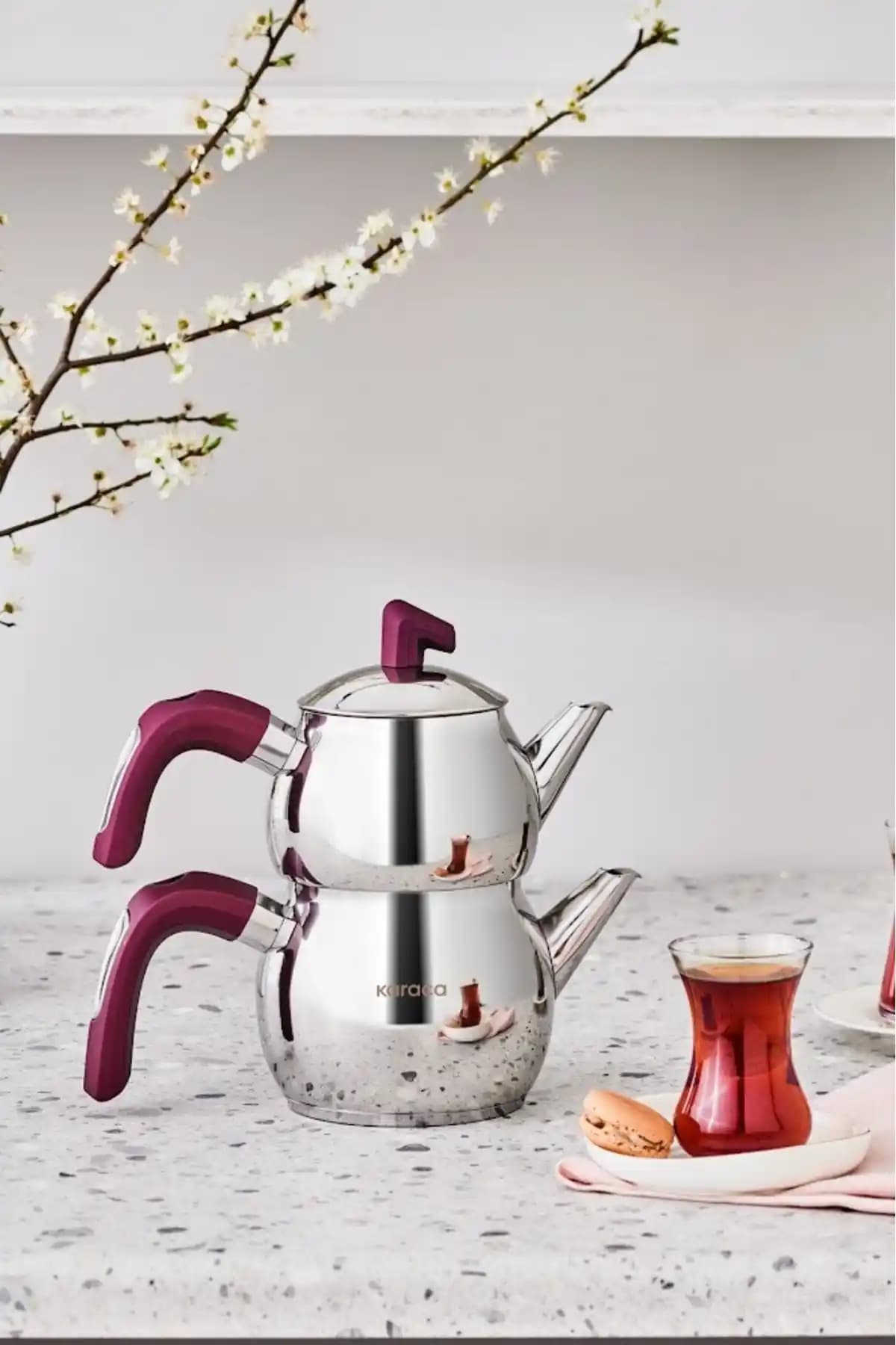 Karaca Viyola Mini Çaydanlık Takımı Mürdüm Renkli İndüksiyon Uyumlu Paslanmaz Çelik